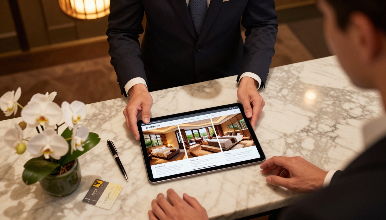 Hotel concierge showing luxury digital brochure flipbook on tablet to guest at marble desk