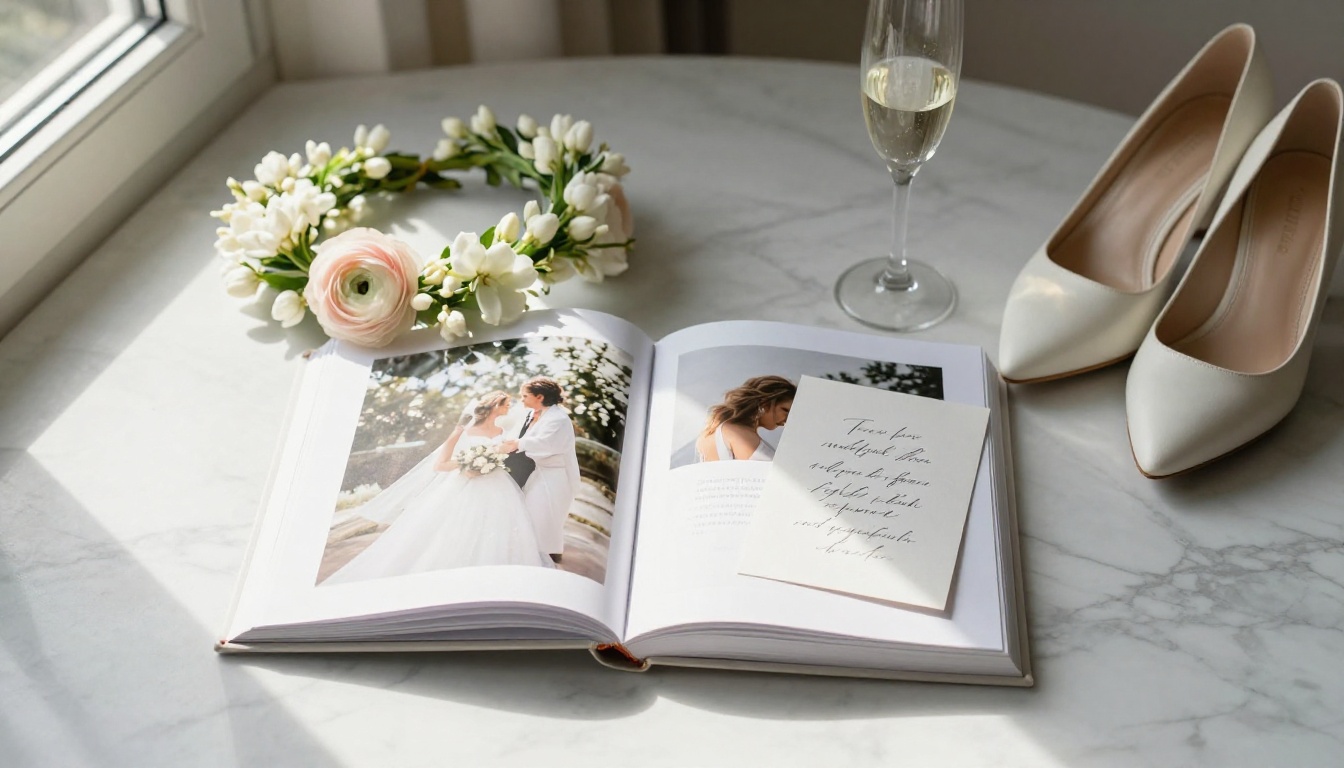 Wedding flat lay with photo book, flowers, shoes, and champagne