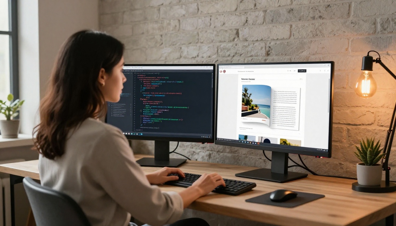 Web developer embedding flipbook brochure on website using dual monitor setup