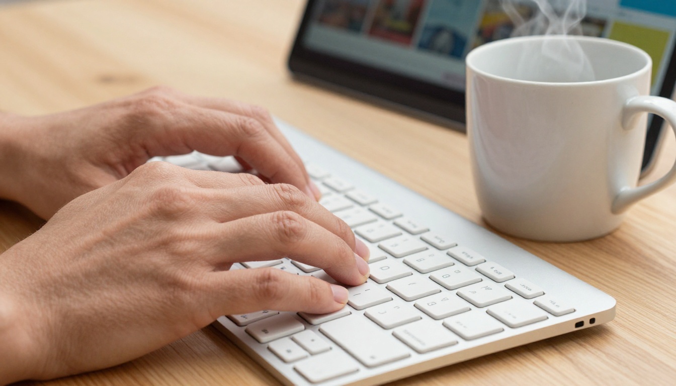 Close-up of relaxed hands resting on a laptop keyboard beside a warm coffee mug Close-up of relaxed hands resting on a laptop keyboard beside a warm coffee mug