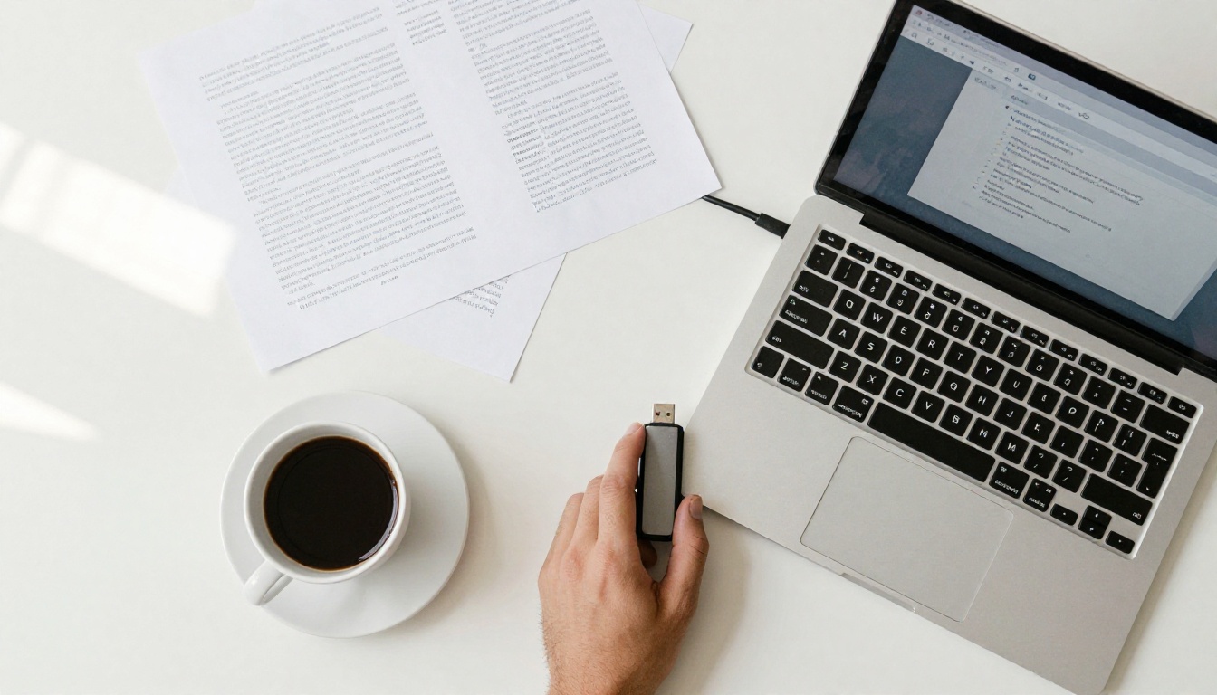 Aerial overhead view of desk with laptop showing PDF upload interface and scattered manuscript papers