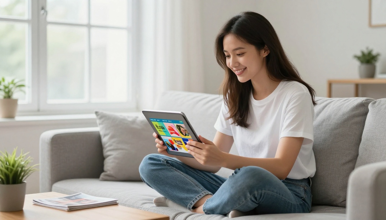 A young woman browsing a digital flipbook on her tablet from her couch A young woman browsing a digital flipbook on her tablet from her couch