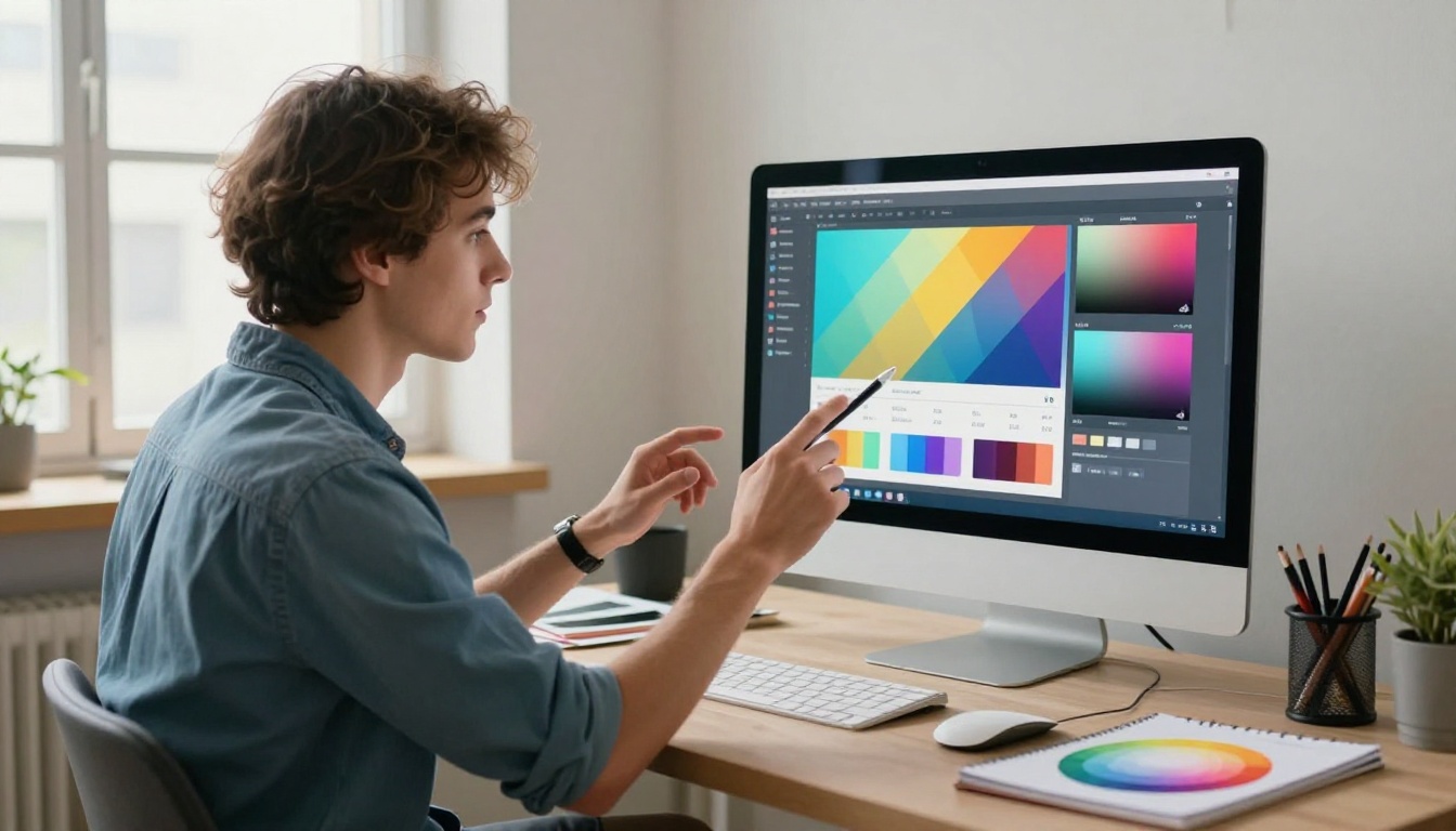 Creative designer customizing flipbook colors and branding settings on a wide studio monitor