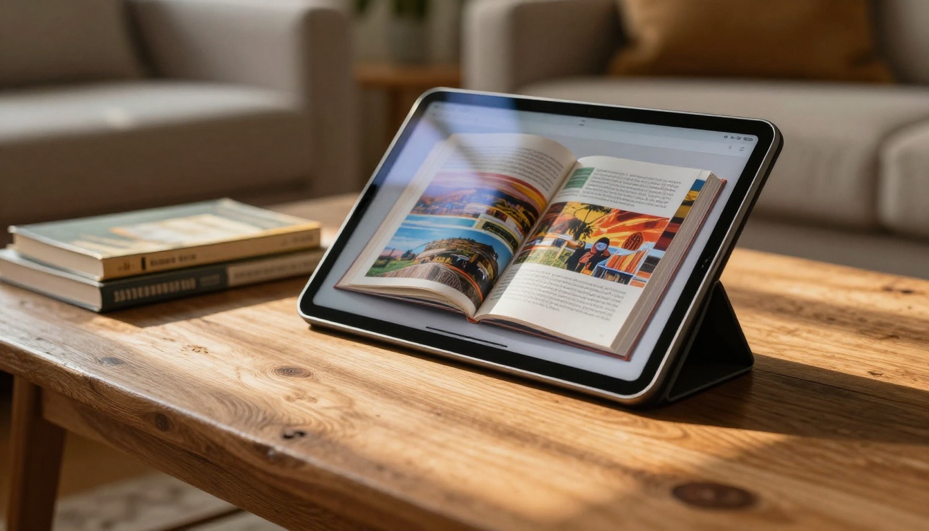 Modern tablet propped on a rustic wooden coffee table showing a flipbook mid page turn in warm afternoon light