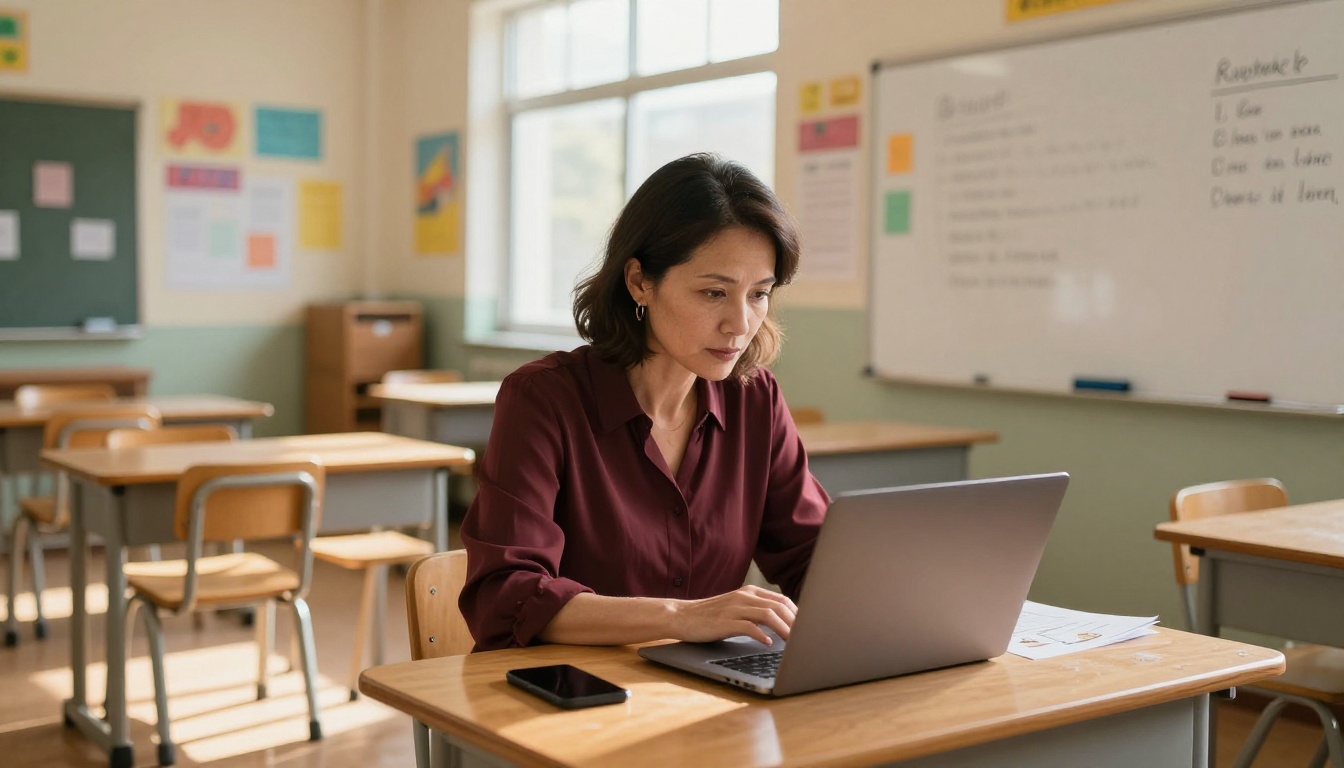A female teacher sitting at a classroom desk after hours, creating digital course material on her laptop A female teacher sitting at a classroom desk after hours, creating digital course material on her laptop