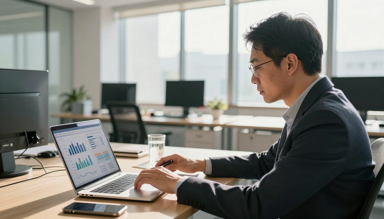 Business professional reviewing reader data charts and analytics on laptop in a modern open plan office