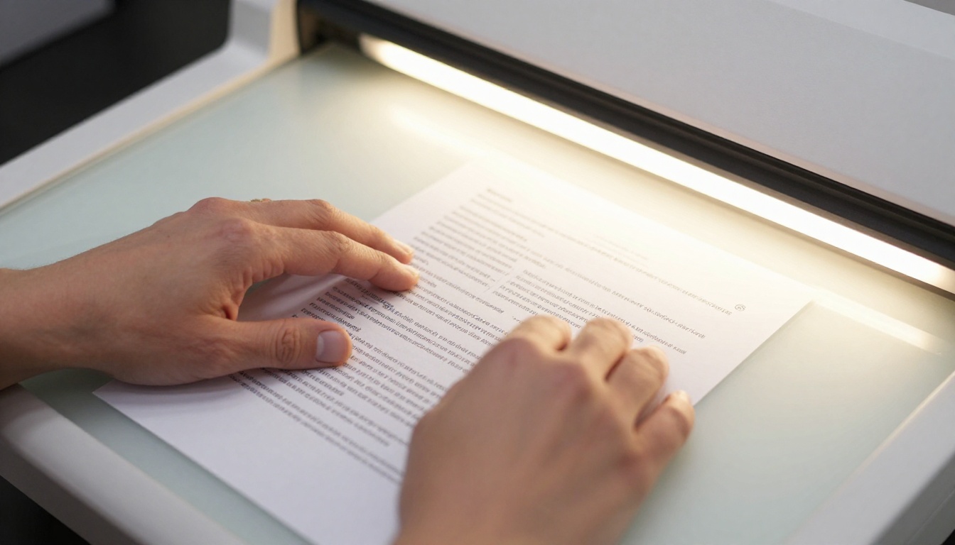 Hands placing a printed PDF document on a flatbed scanner