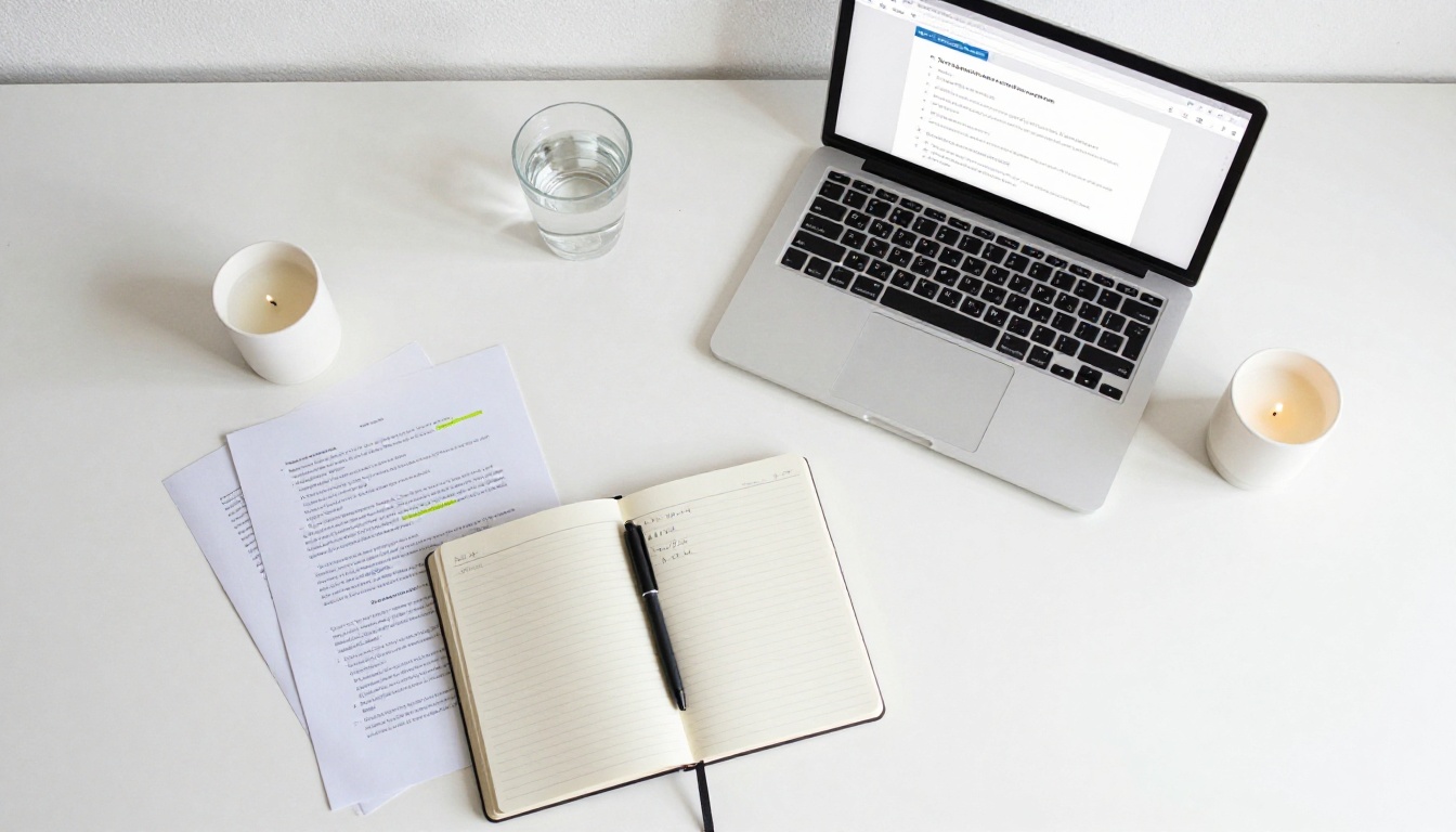 Aerial flat-lay view of a clean desk with laptop, notebook, and printed pages for a simple publishing workflow Aerial flat-lay view of a clean desk with laptop, notebook, and printed pages for a simple publishing workflow