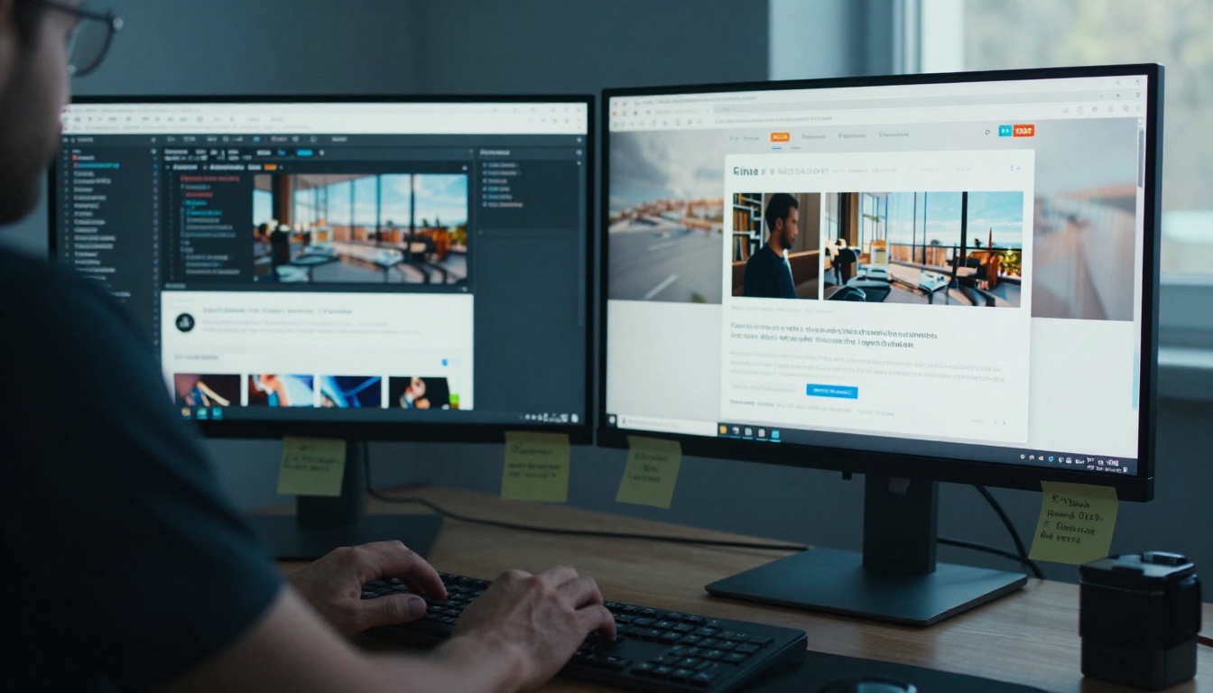 Web developer embedding a flipbook on a website using dual monitors in a cool blue morning light office