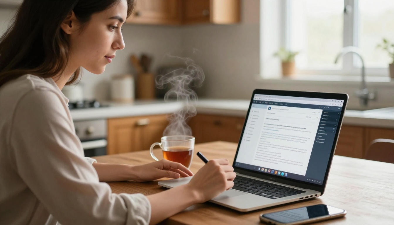 Woman composing an email newsletter with a flipbook link on laptop in a warm morning kitchen setting