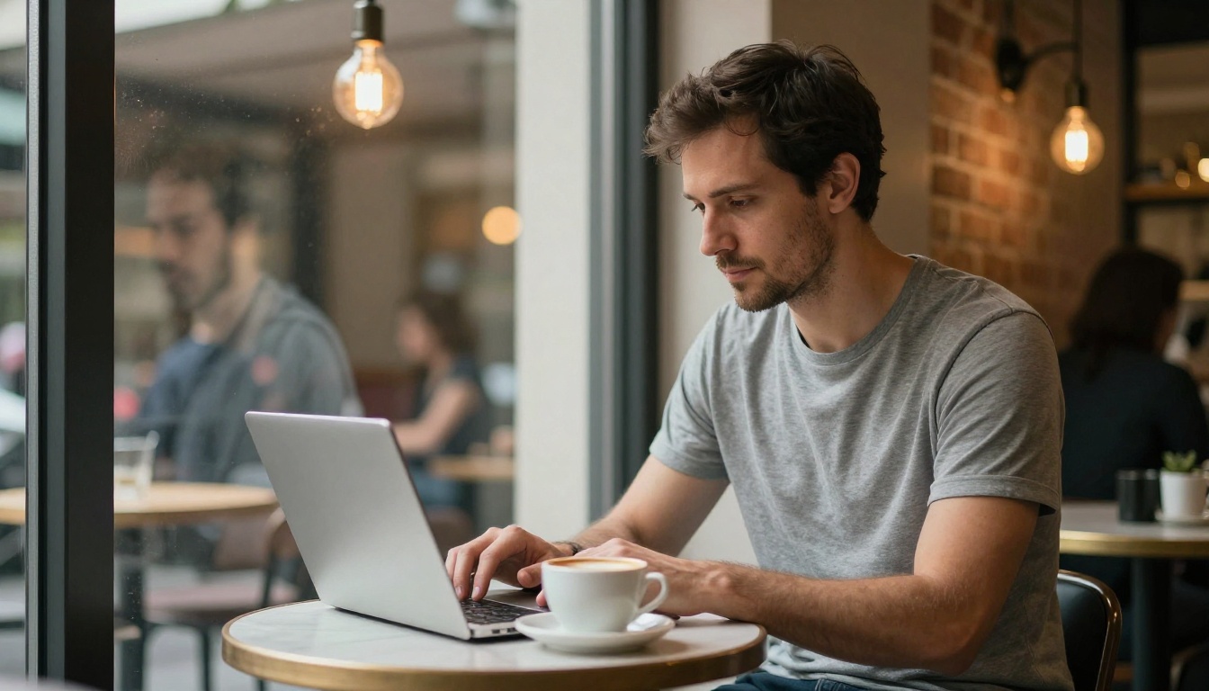 A man working casually on his laptop at a warm café table with a flat white coffee, completely relaxed A man working casually on his laptop at a warm café table with a flat white coffee, completely relaxed