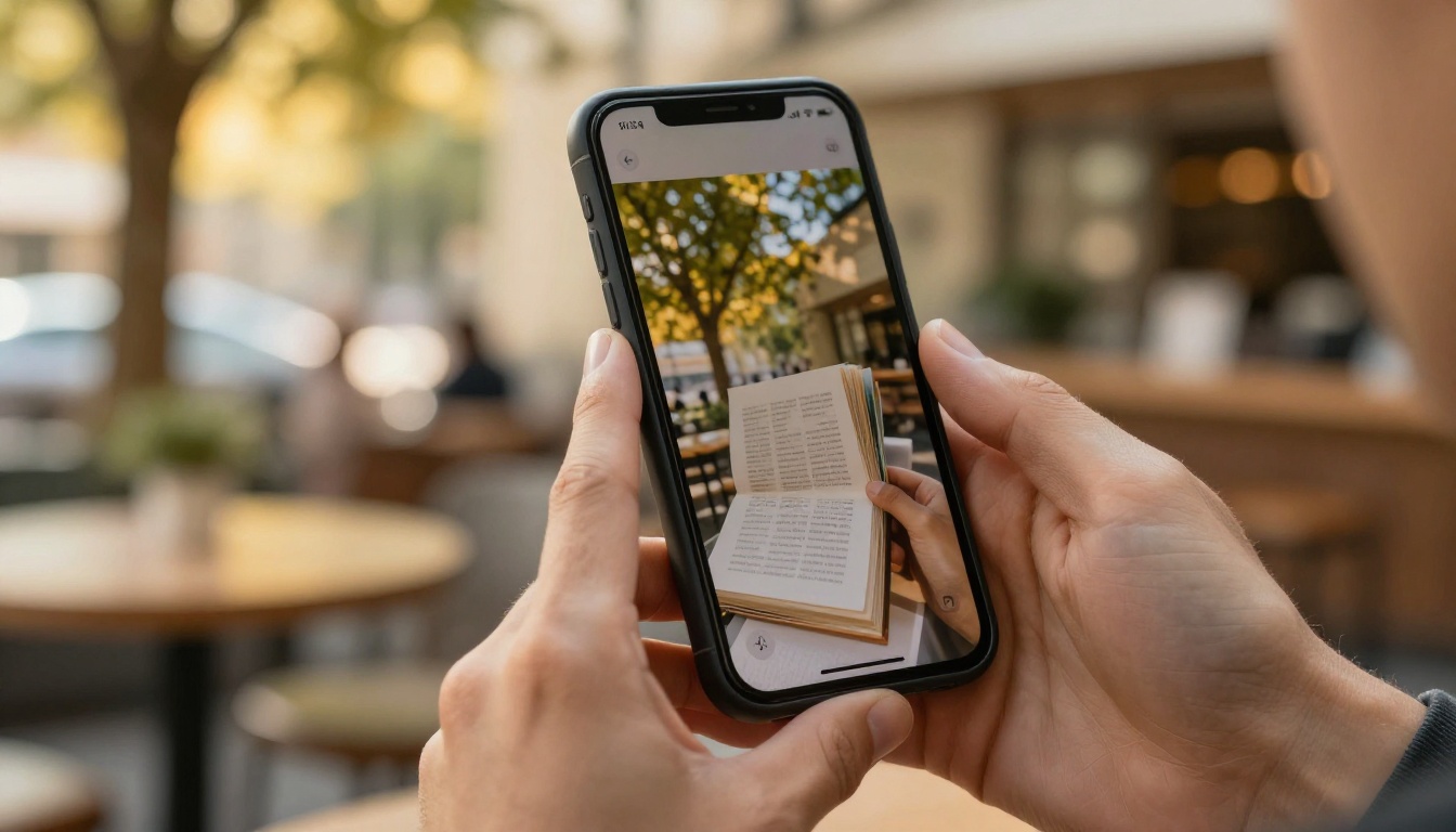 Close up of hands holding a smartphone with an interactive flipbook displayed in an outdoor cafe golden hour setting