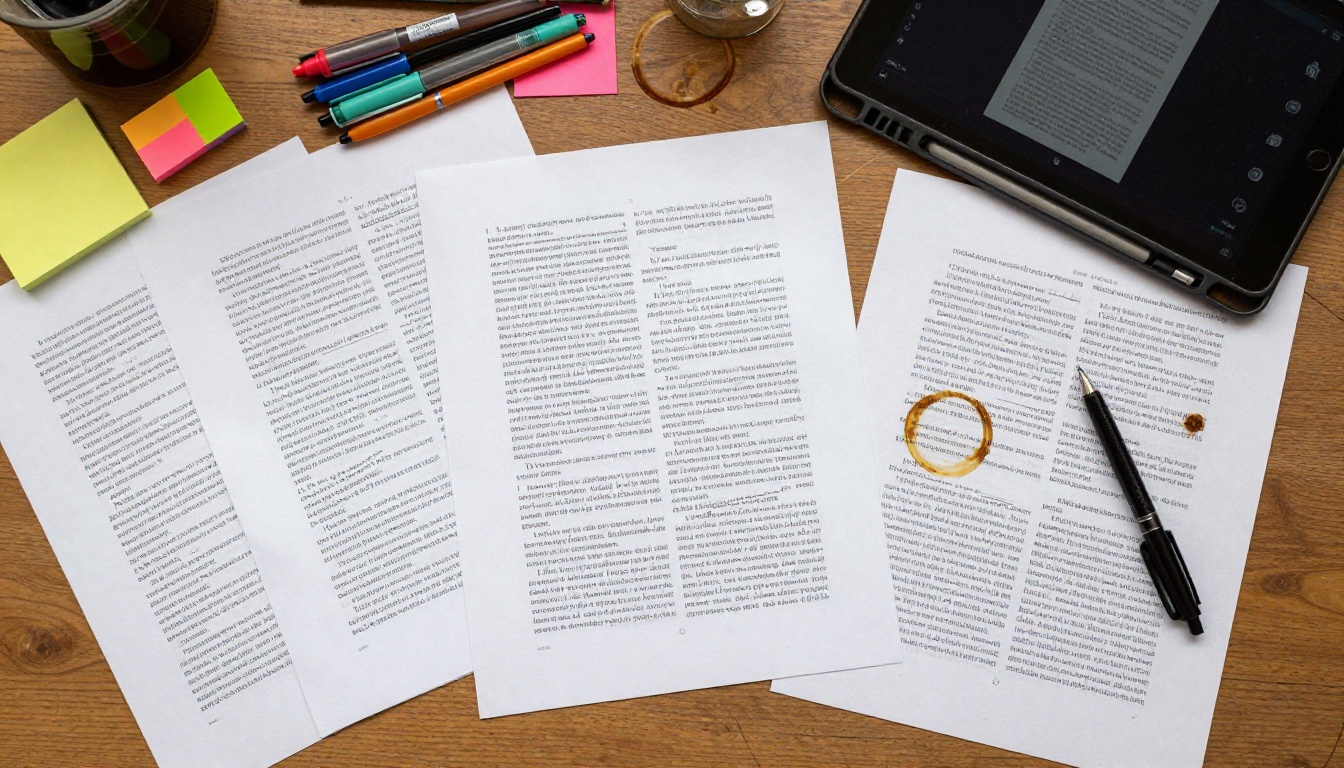 Aerial view of a desk with printed documents and a tablet showing a digital flipbook