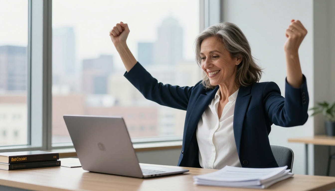 Happy author standing by city window with a genuine smile looking at laptop showing published flipbook