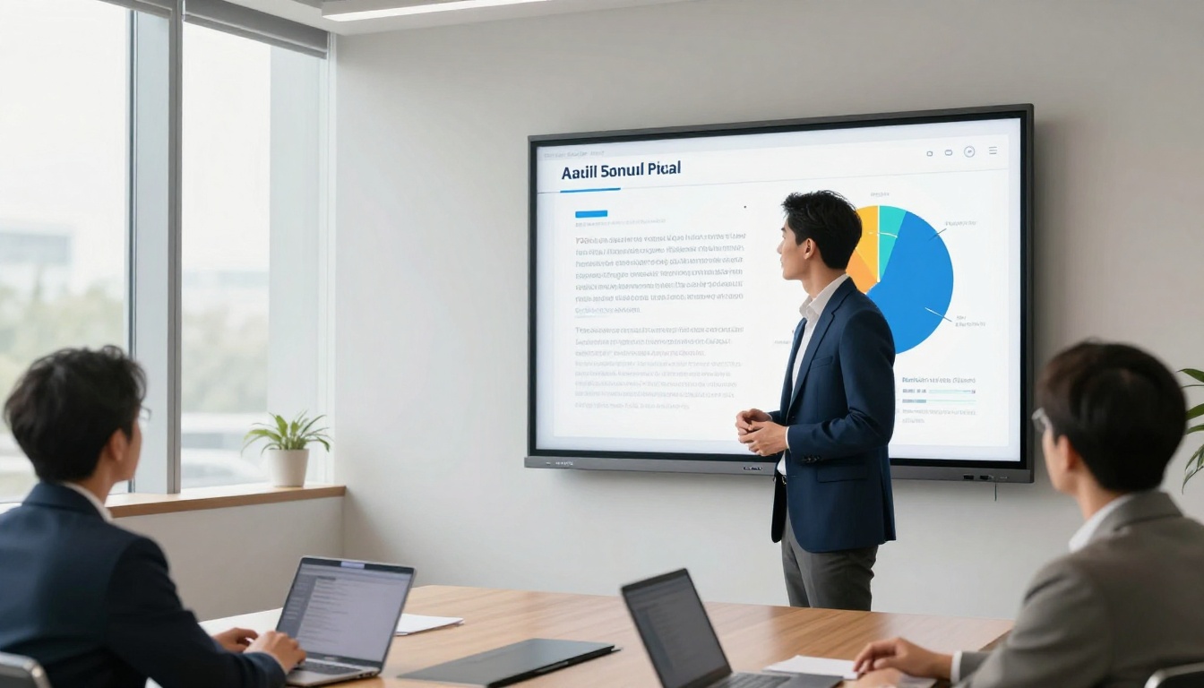 Business professional presenting a digital annual report flipbook to colleagues in a conference room