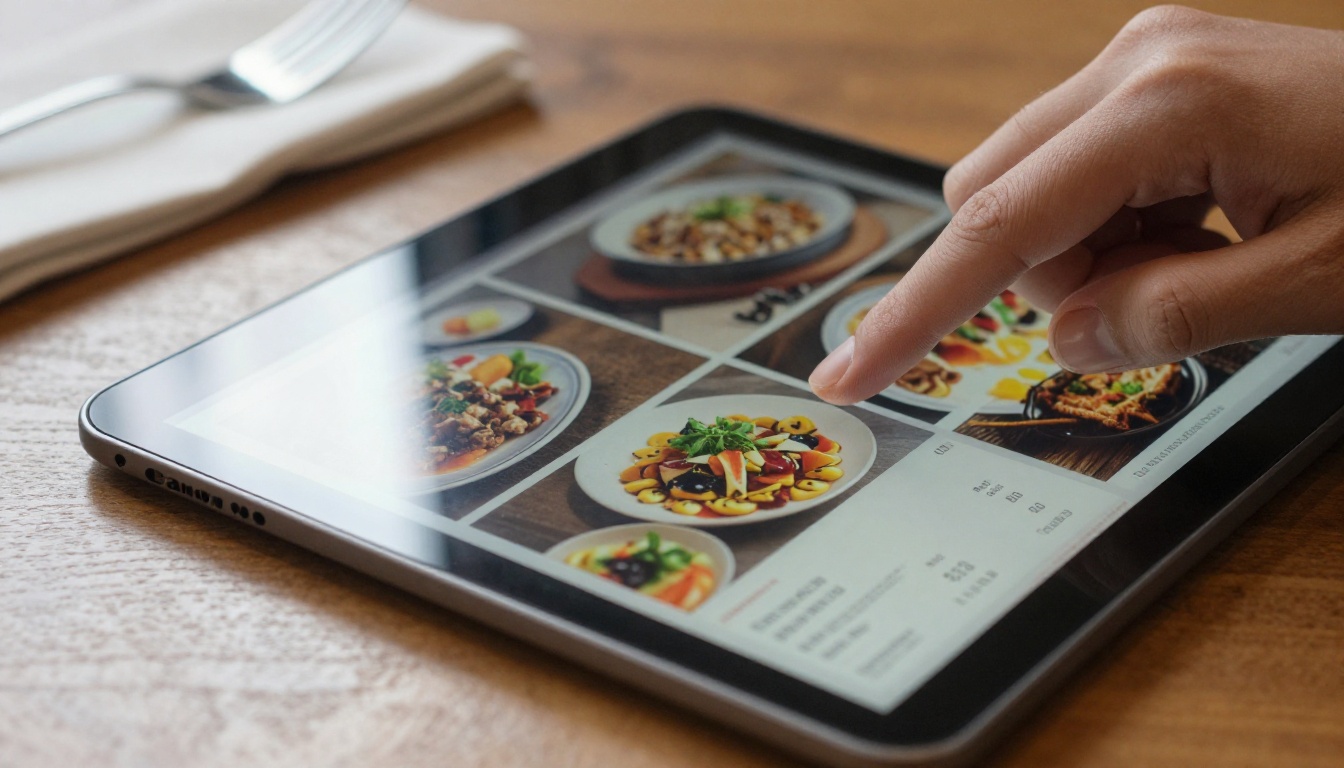 Close-up of a tablet showing a restaurant menu flipbook with food photography visible