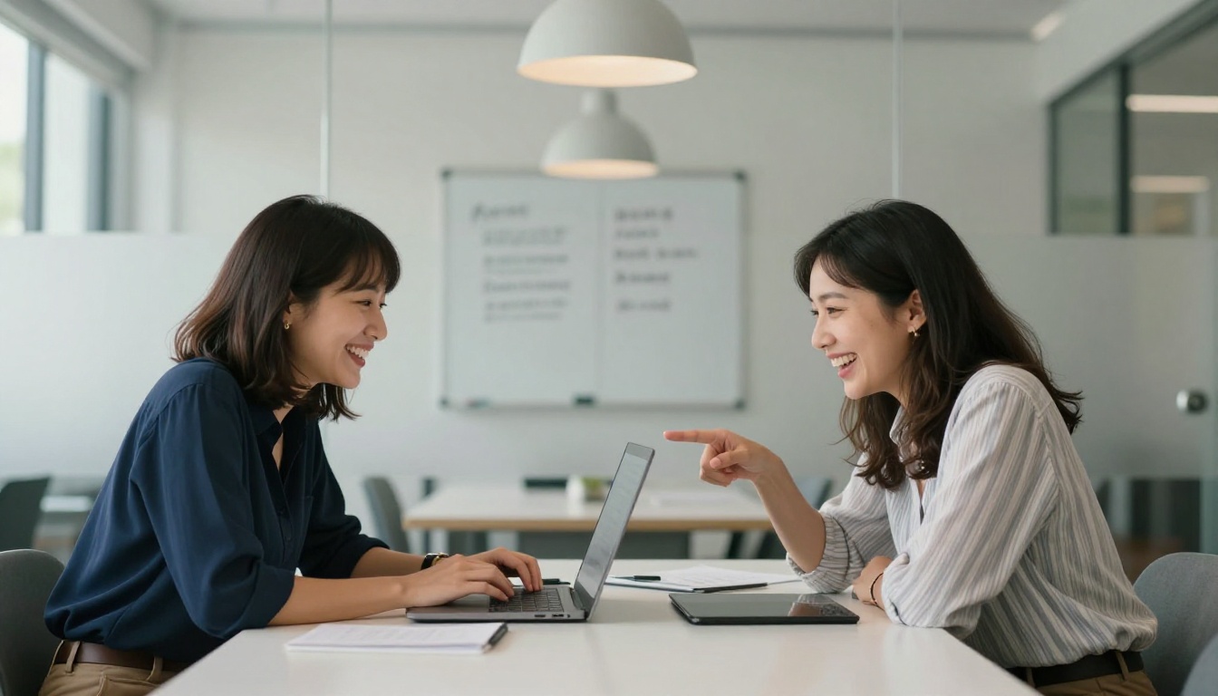 Two women sitting side by side at an office table, leaning toward a laptop screen and sharing a genuine laugh Two women sitting side by side at an office table, leaning toward a laptop screen and sharing a genuine laugh