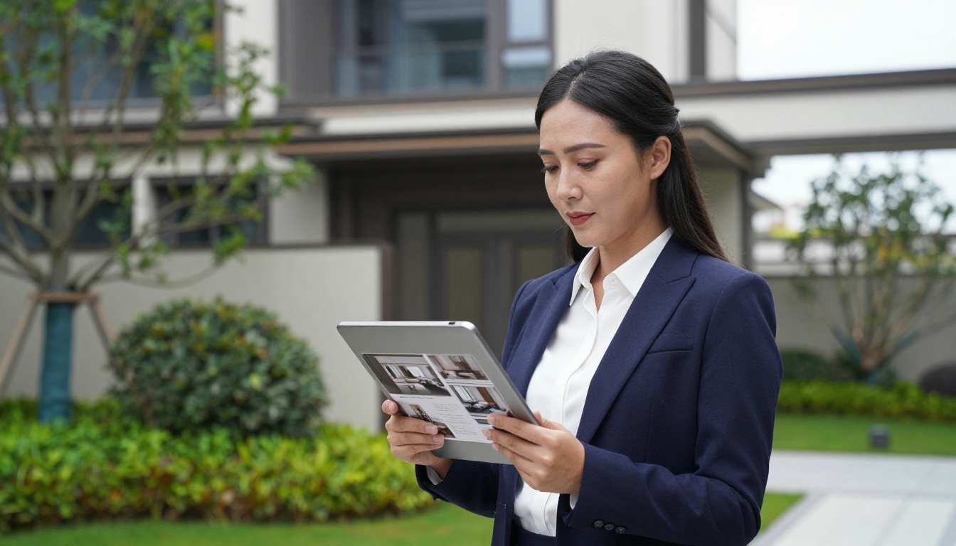 Real estate agent holding a tablet with a property brochure flipbook outside a luxury home