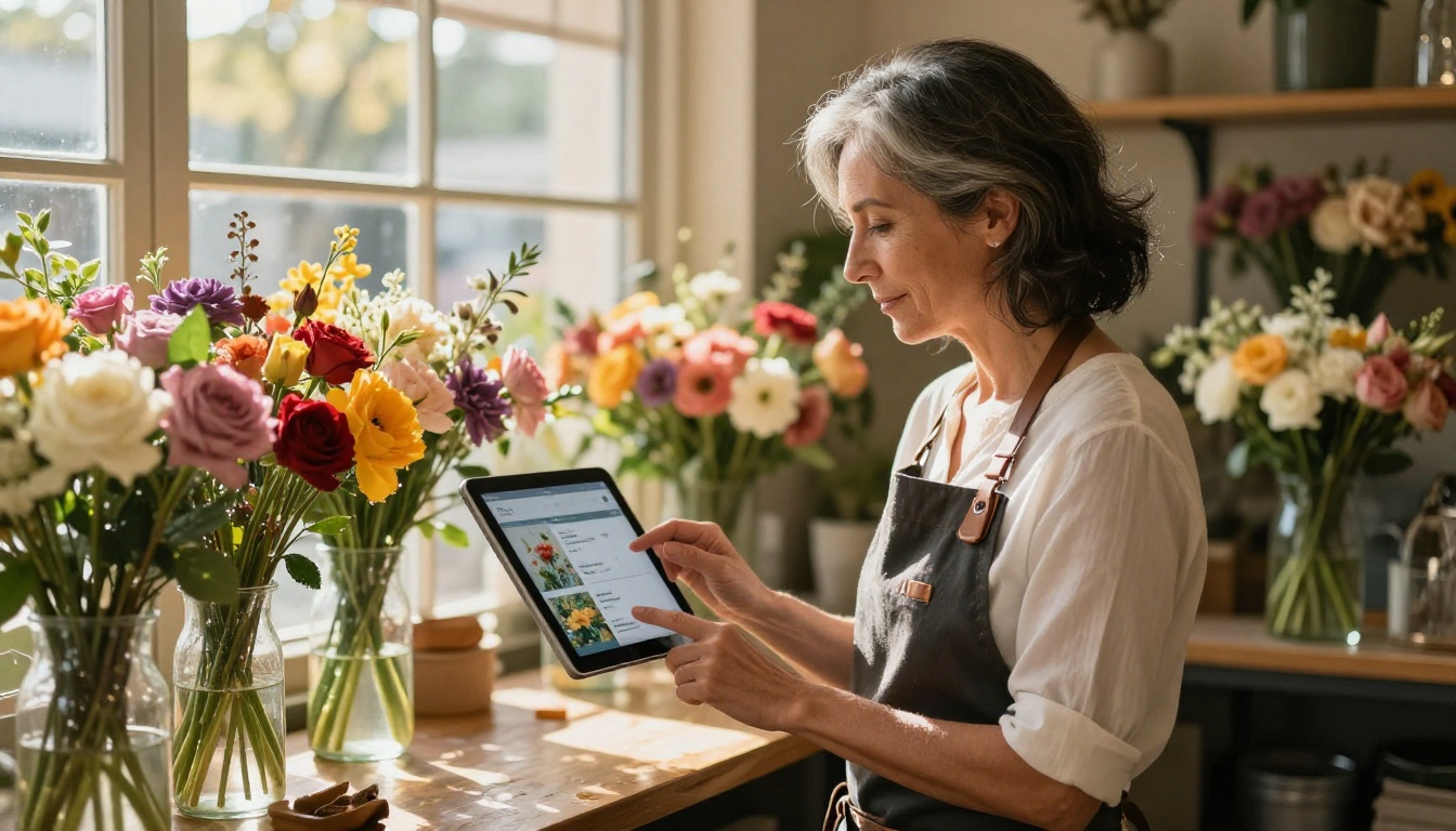 A small business owner at her flower shop using a tablet to build a digital catalog, surrounded by fresh cut flowers A small business owner at her flower shop using a tablet to build a digital catalog, surrounded by fresh cut flowers