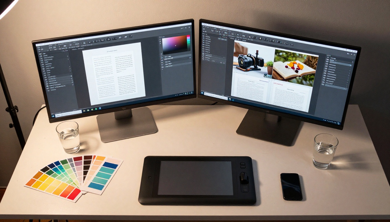 Graphic designer's desk with a split-screen monitor showing PDF editing software and a flipbook preview