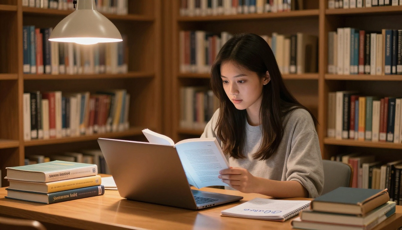 Young woman student reading a digital flipbook on a laptop in a university library