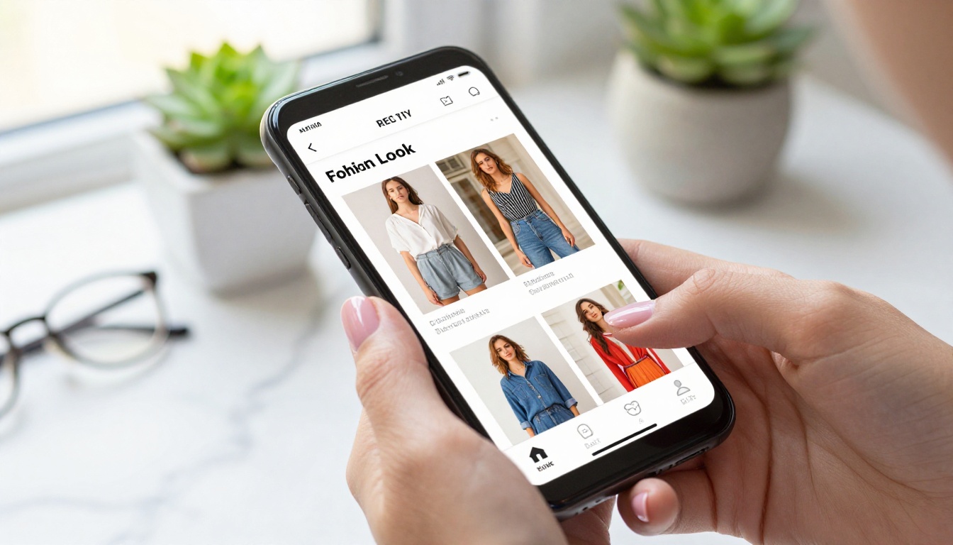 Smartphone displaying a mobile-responsive fashion lookbook flipbook on a marble surface