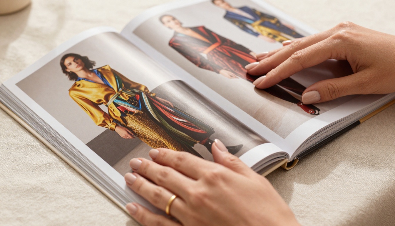 Close-up of hands flipping through glossy lookbook pages