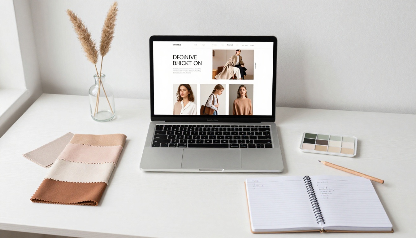 Designer workspace with laptop showing lookbook template and fabric swatches