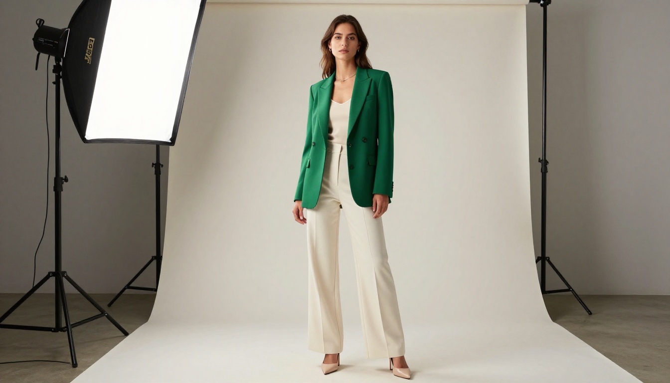 Confident female model in emerald blazer in a professional photography studio