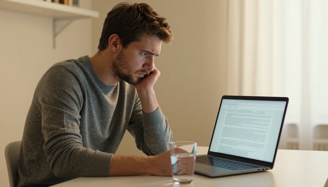 A man frustrated reading a dense PDF on his laptop at a home office desk