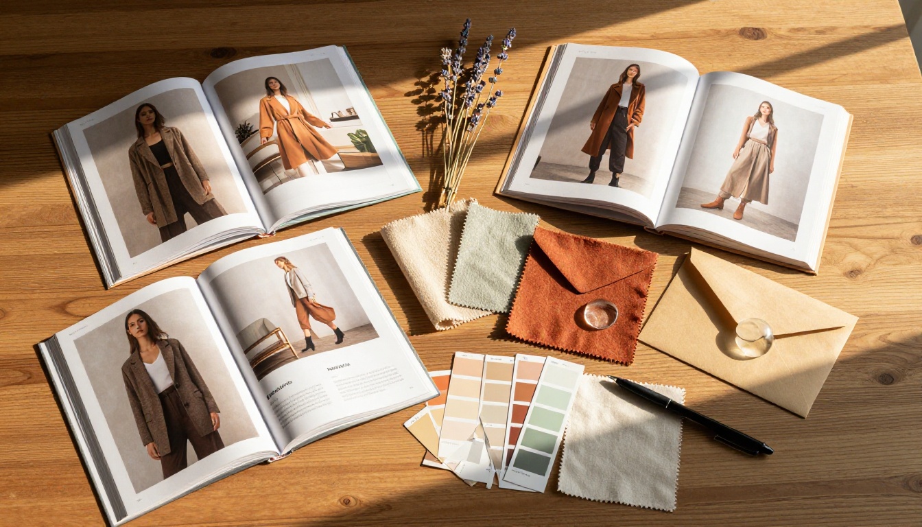 Fashion brand lookbook visual materials flat lay with fabric swatches and color chips