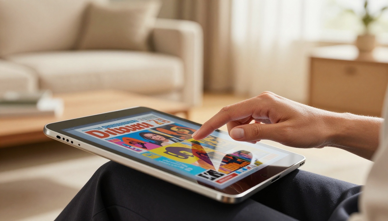 Close-up of hands swiping through an interactive flipbook on a tablet