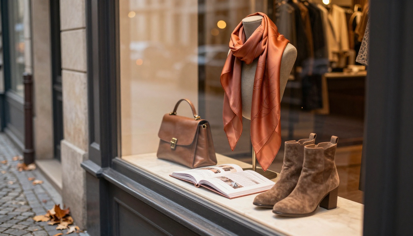 Independent boutique store window displaying a seasonal lookbook on a European cobblestone street