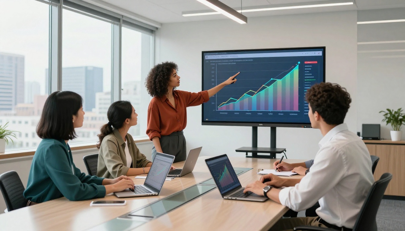 Marketing team gathered around a conference table reviewing content analytics on a large monitor