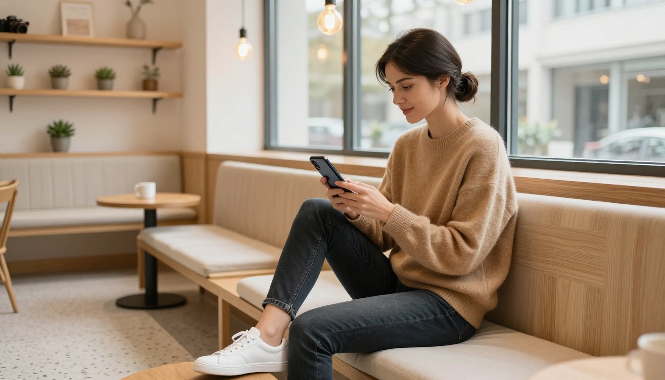 Woman scrolling through a digital lookbook on her smartphone in a modern Scandinavian coffee shop