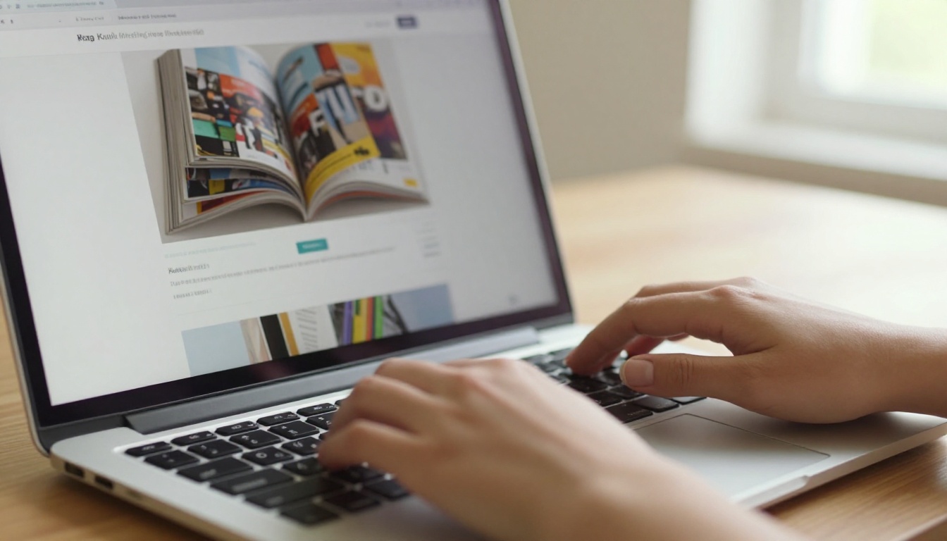 Hands typing on a laptop with an embedded flipbook visible on screen