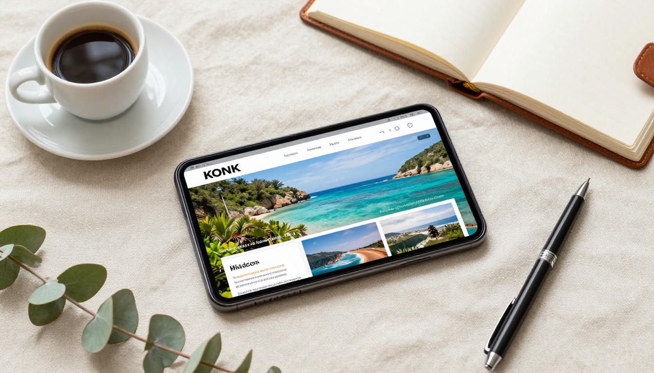 Aerial flat-lay of a smartphone showing a vivid interactive digital magazine on a linen surface