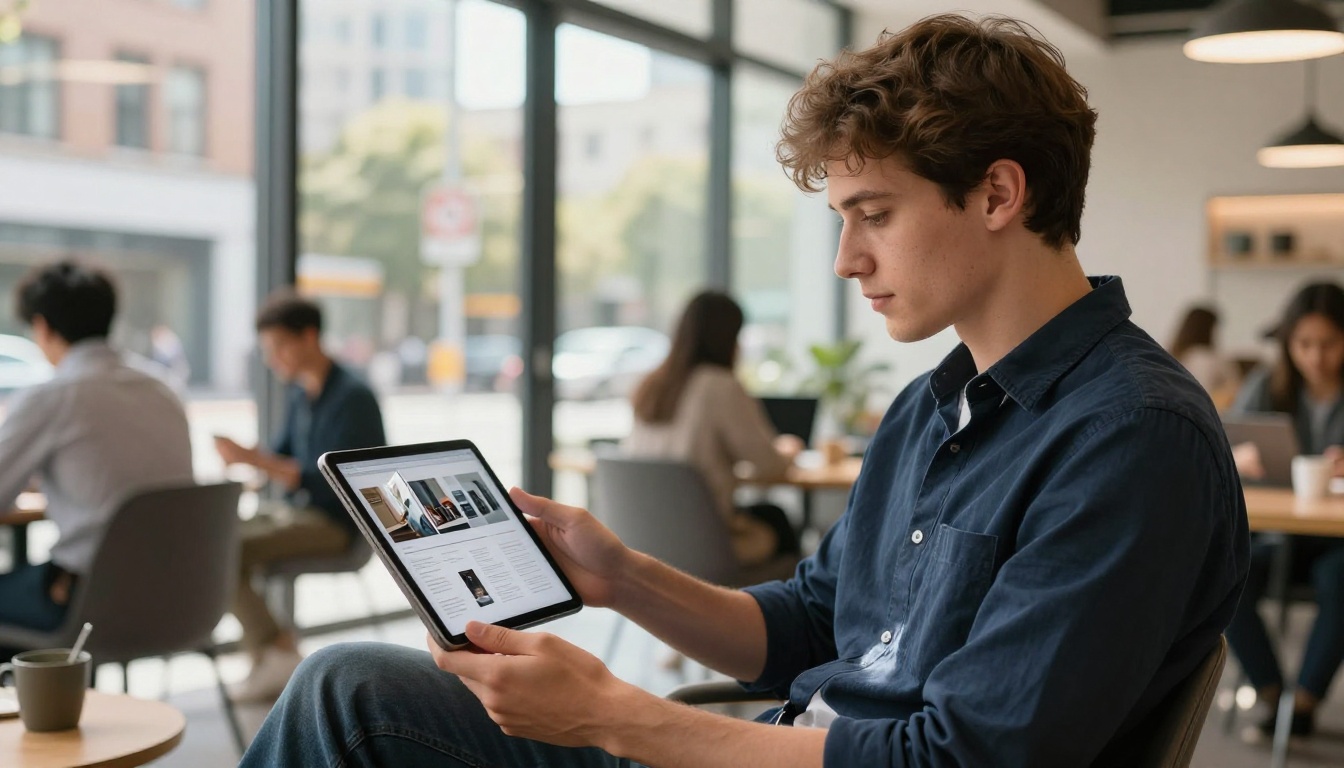 Young professional man at co-working space viewing product catalog flipbook on tablet