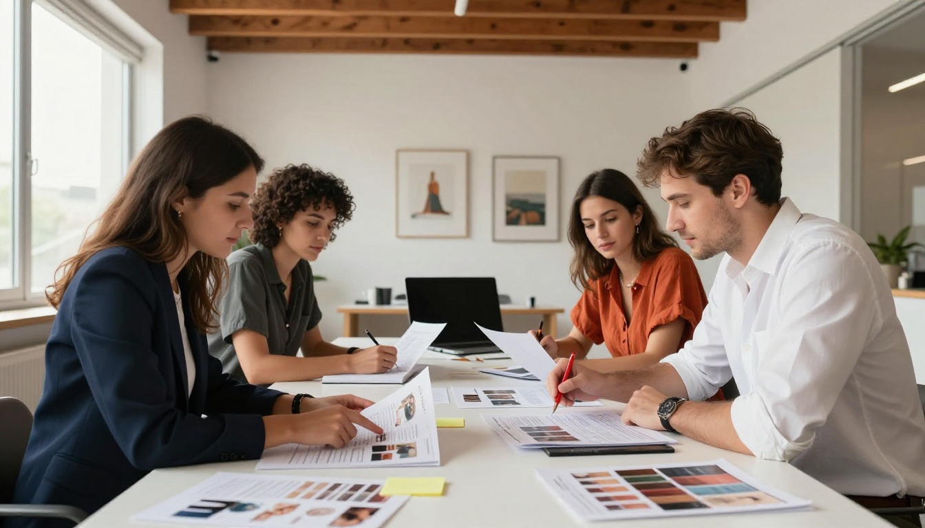 Fashion professionals reviewing lookbook proofs around a bright creative agency conference table