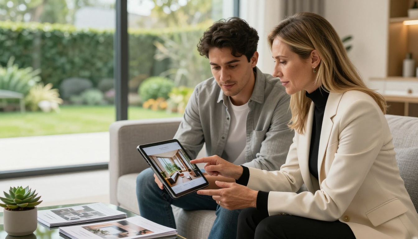Real estate agent showing an interactive property brochure flipbook on a tablet to a couple