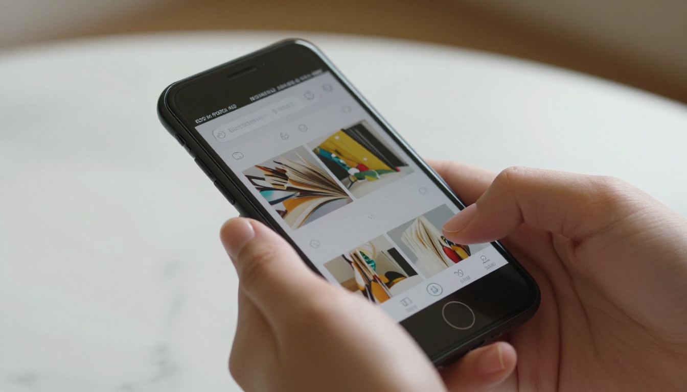 Smartphone held in feminine hands showing mobile-responsive flipbook with colorful pages