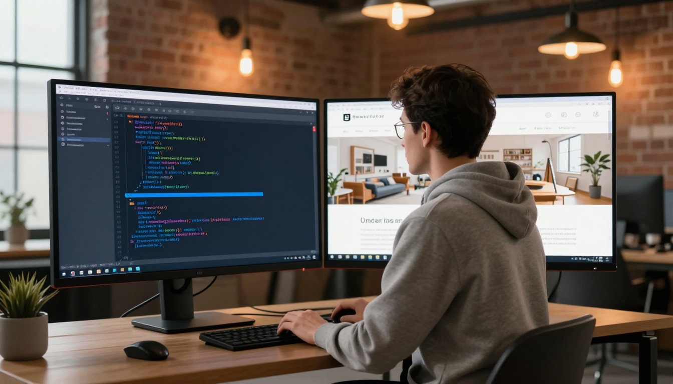 Web developer at standing desk with HTML iframe code on left monitor and live flipbook on right