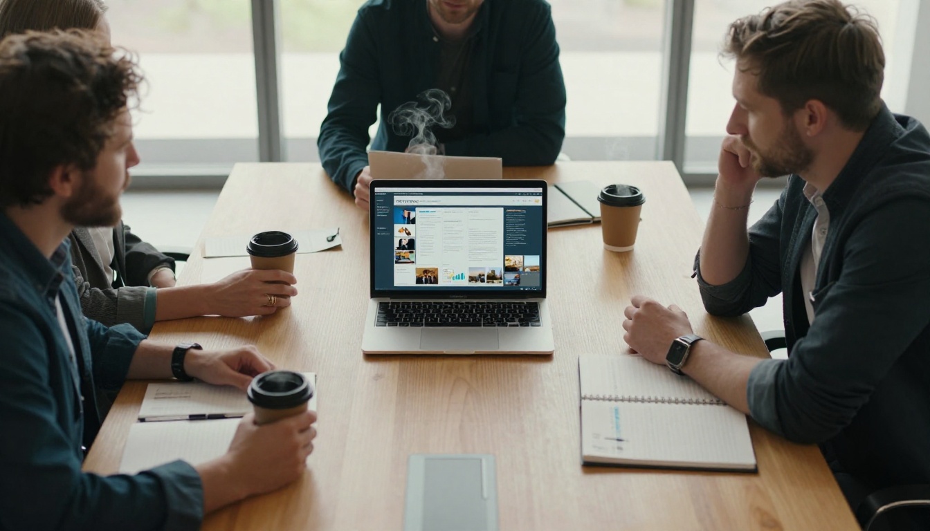 Overhead conference table view with corporate annual report flipbook on laptop and colleagues leaning in