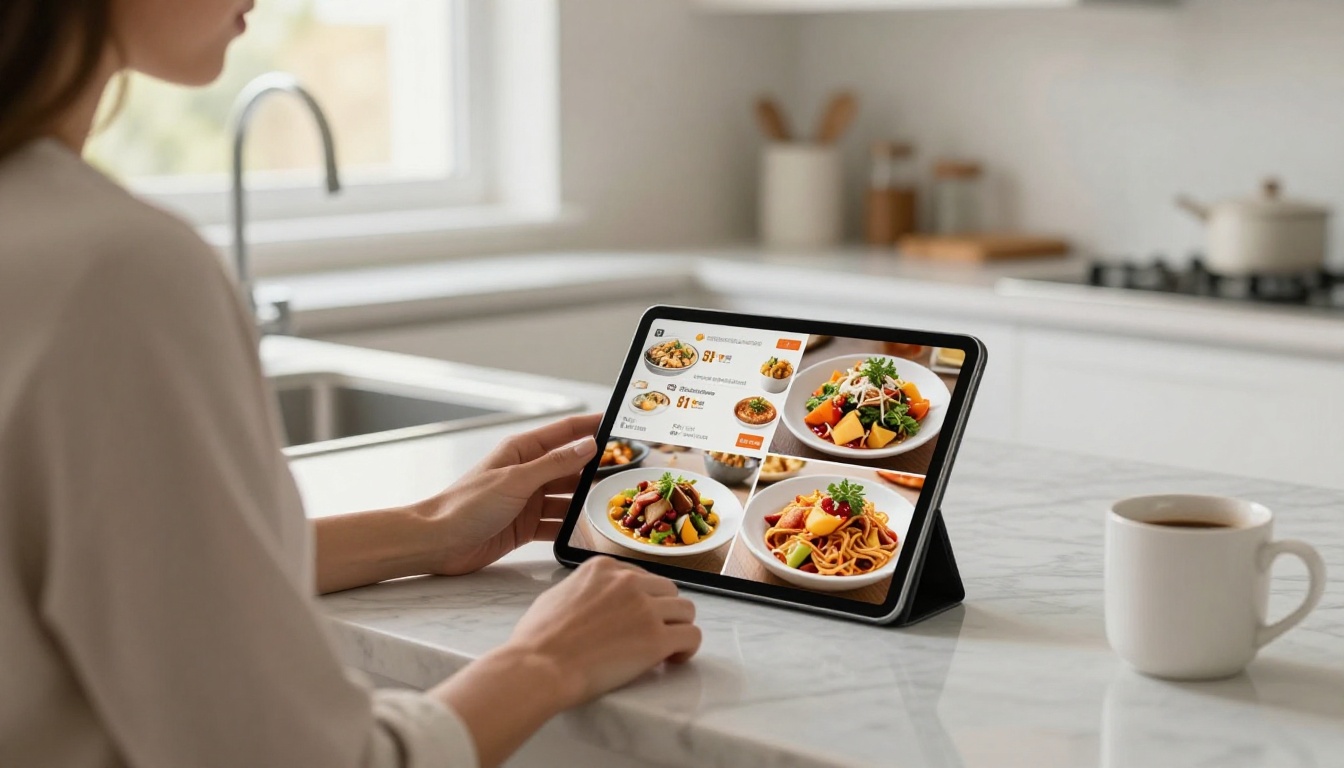 Woman in bright kitchen viewing restaurant menu flipbook on tablet propped on marble countertop