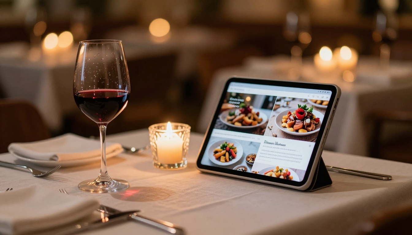 Elegantly set restaurant table with an iPad on a stand displaying an interactive digital menu