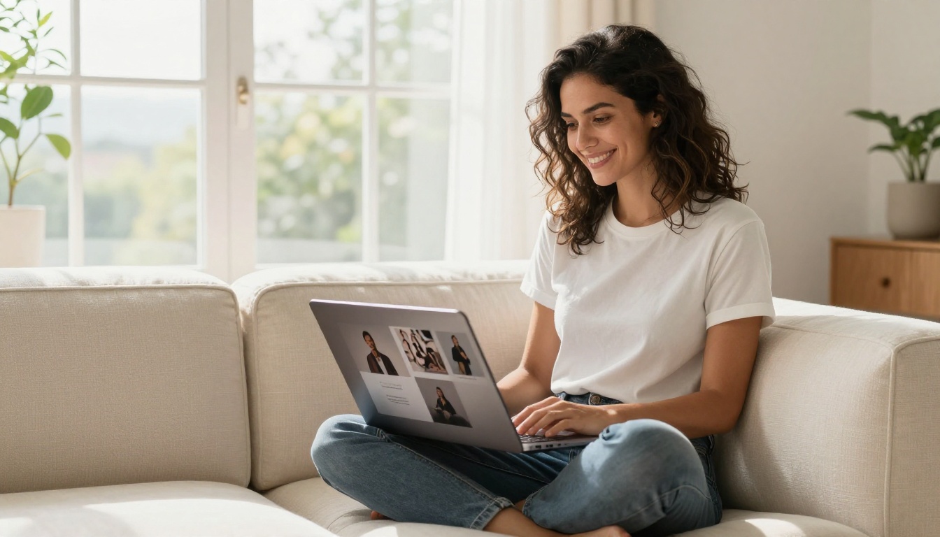 Smiling woman on cream sofa holding laptop showing portfolio flipbook with fashion photography pages