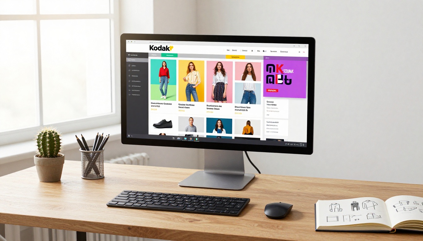 Wide desktop workstation showing a vivid e-commerce product catalog flipbook on a large monitor
