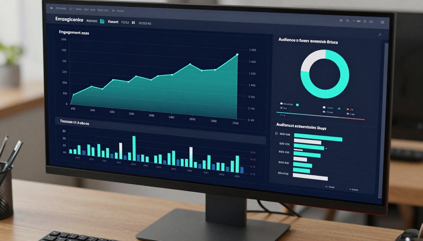 Analytics dashboard on a monitor displaying engagement trend data with upward line charts