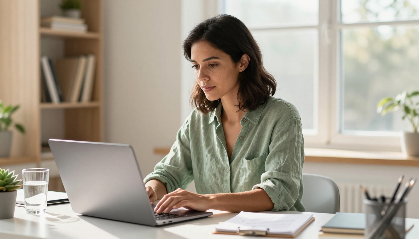 Professional woman calmly uploading a document file to a laptop at a bright home office desk