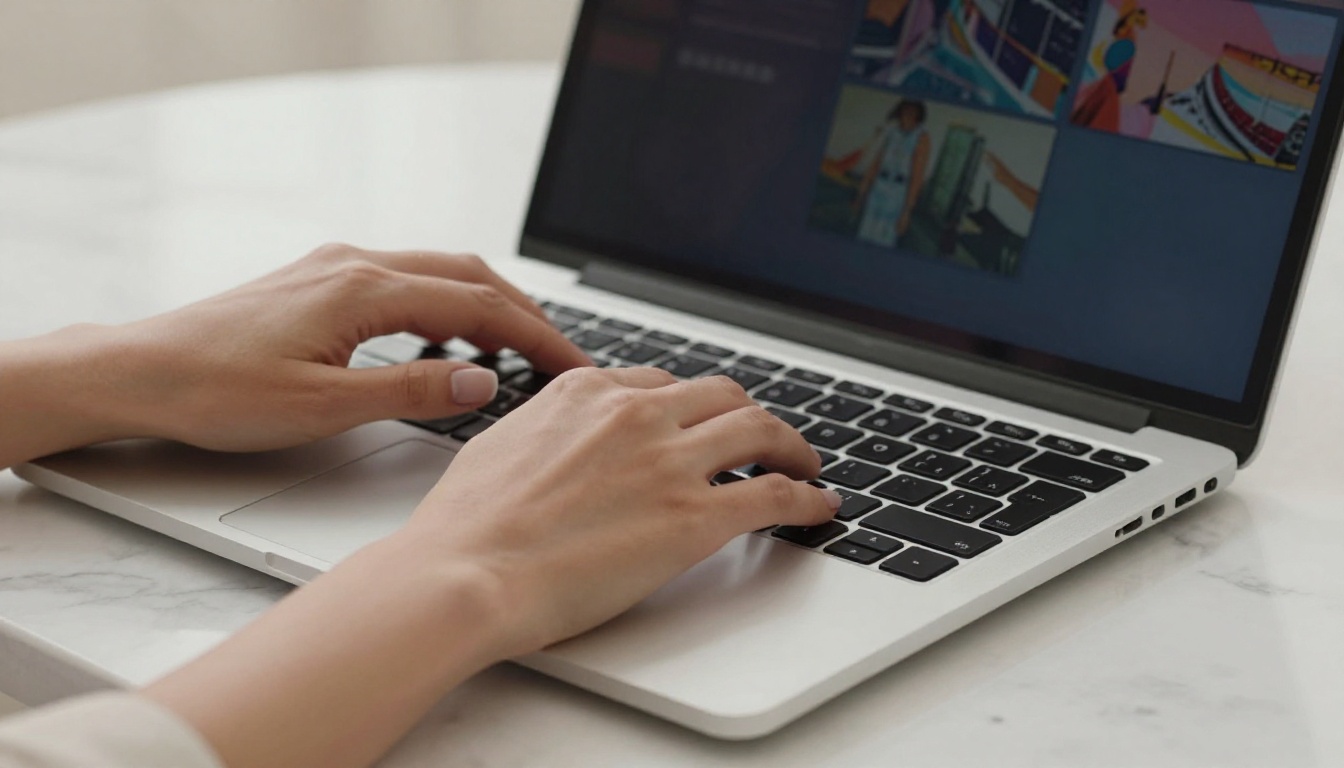 Close-up of elegant hands typing on a laptop with a digital flipbook interface visible on the screen